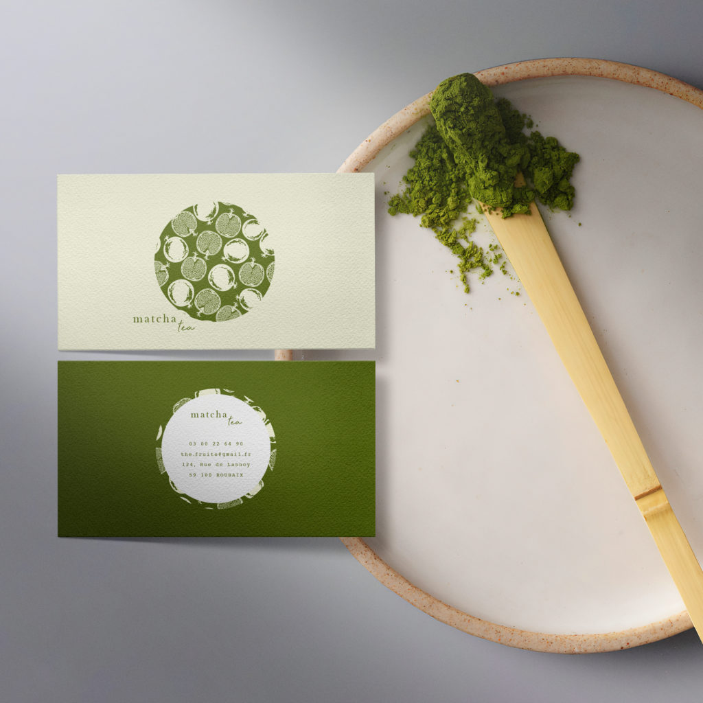 Clean minimal business card mockup on plate with green tea powder background. PSD file.
