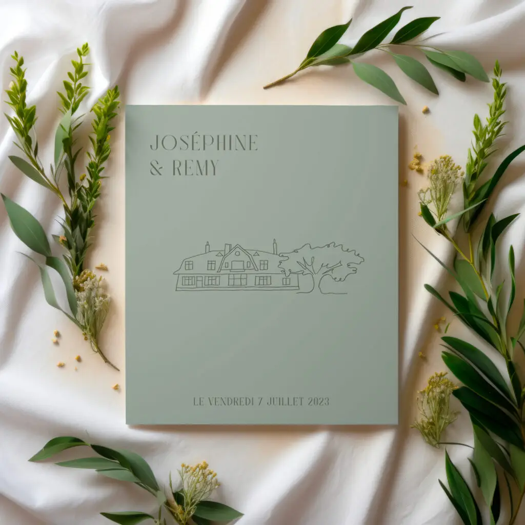 Faire-part de mariage uni vert avec illustration à la main du lieu de mariage, design élégant et personnalisé.