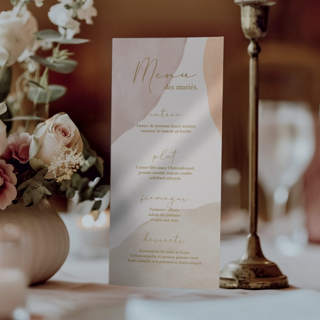 Menu de mariage minimaliste aux couleurs pastel et poudrées, pour une touche élégante et raffinée.