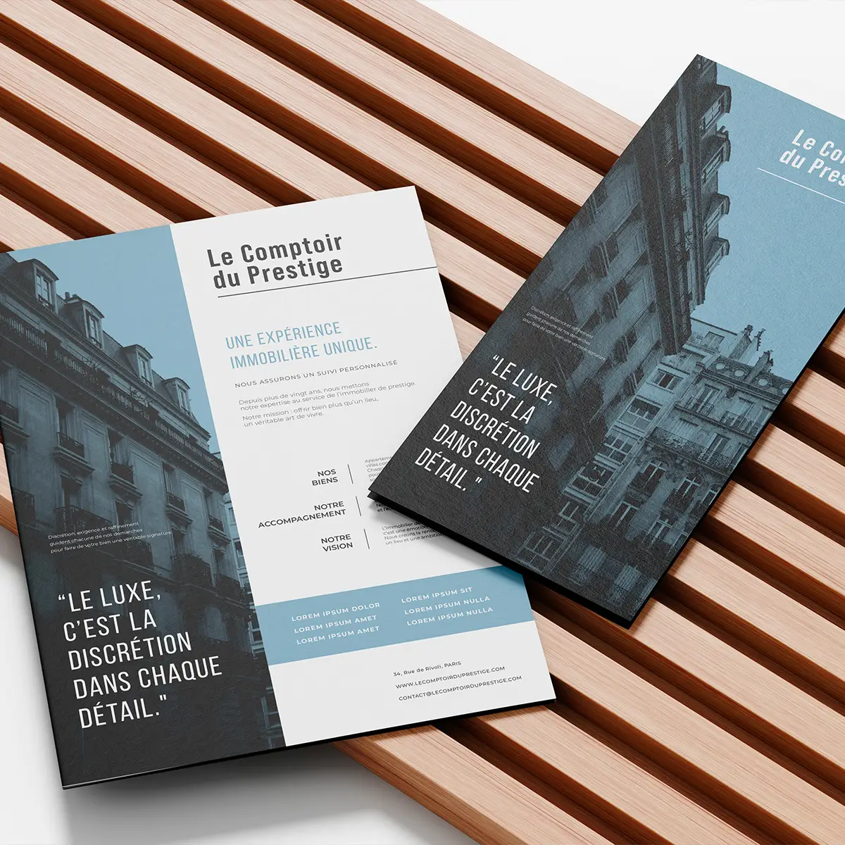 Dépliant immobilier élégant imprimé par Imprimerie Barbieux pour Le Comptoir du Prestige à Paris.