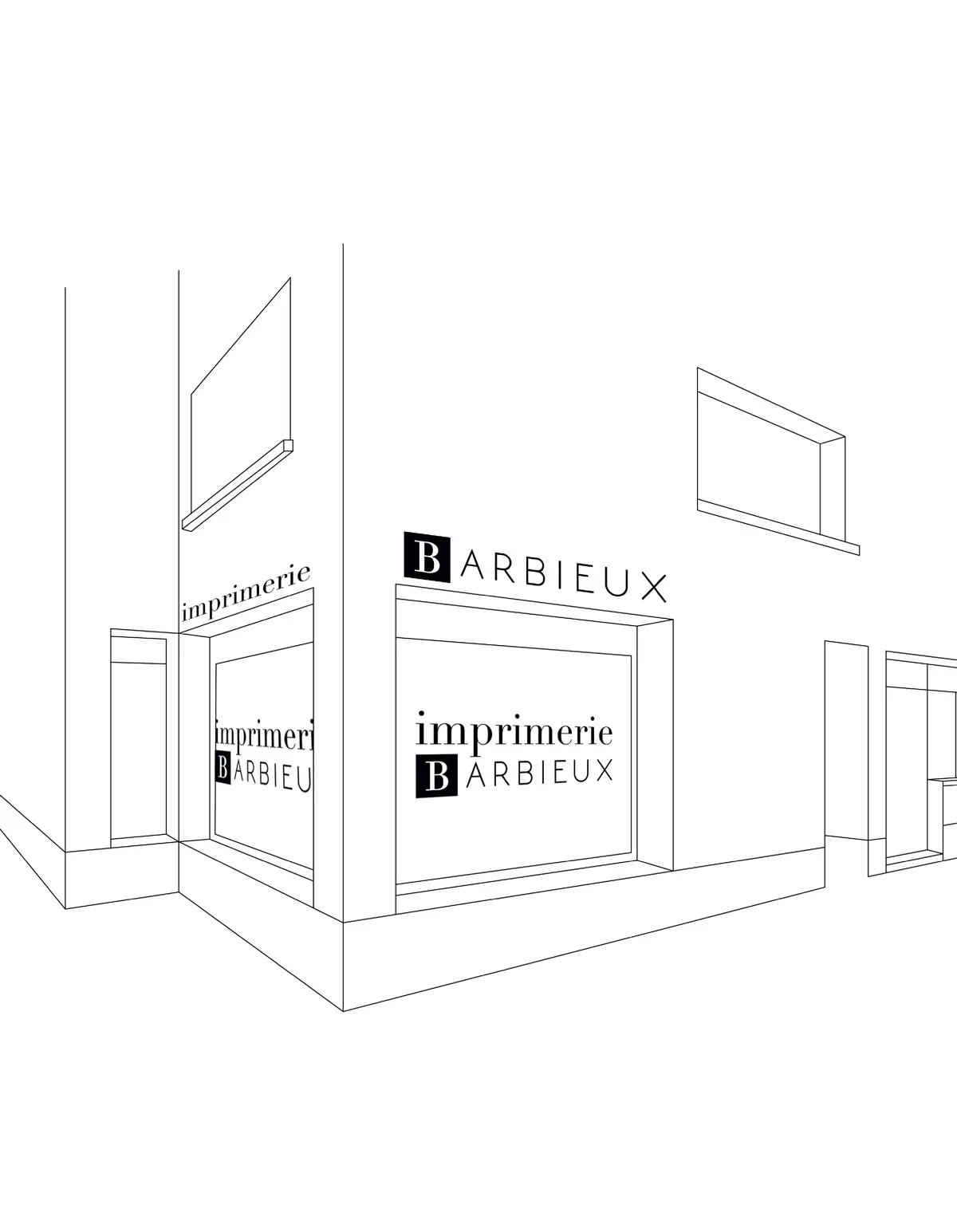 Illustration de la façade de l’Imprimerie Barbieux à Roubaix, imprimerie familiale spécialisée en création graphique et impression professionnelle.