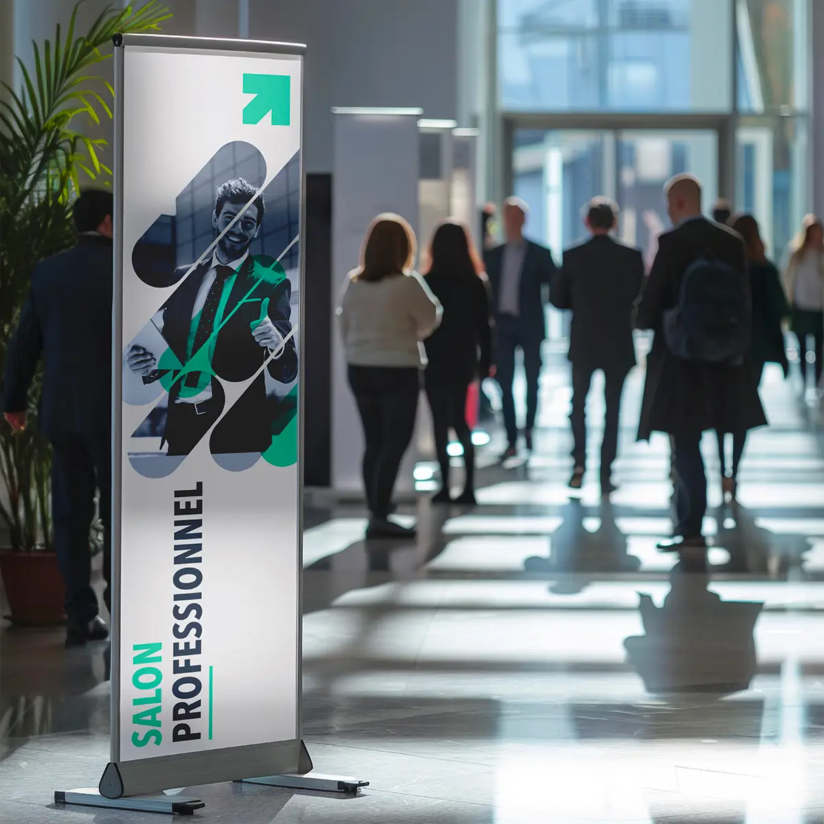 Kakemono vertical pour salon professionnel, imprimé par Imprimerie Barbieux à Roubaix.